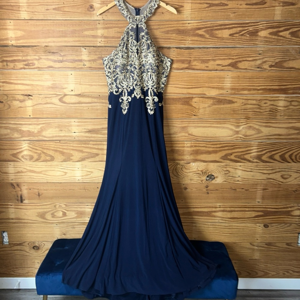 Navy Halter Prom Dress with Gold Embellished Bodice